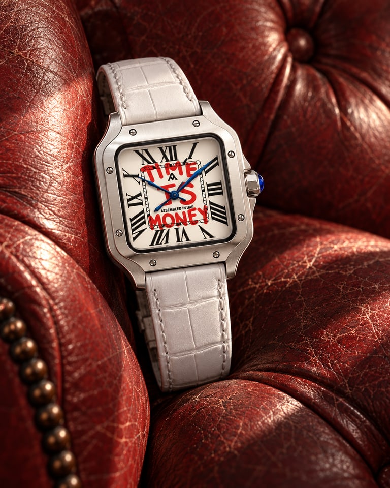 MONTI on white leather resting in an oxblood leather armchair