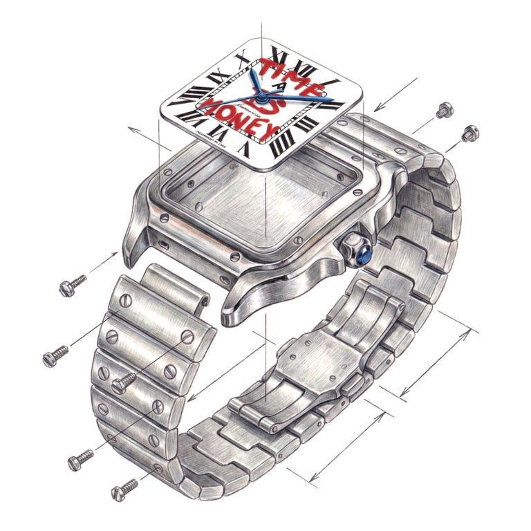 Exploded pencil drawing of MONTI: dial, case, crown, screws, bracelet and clasp